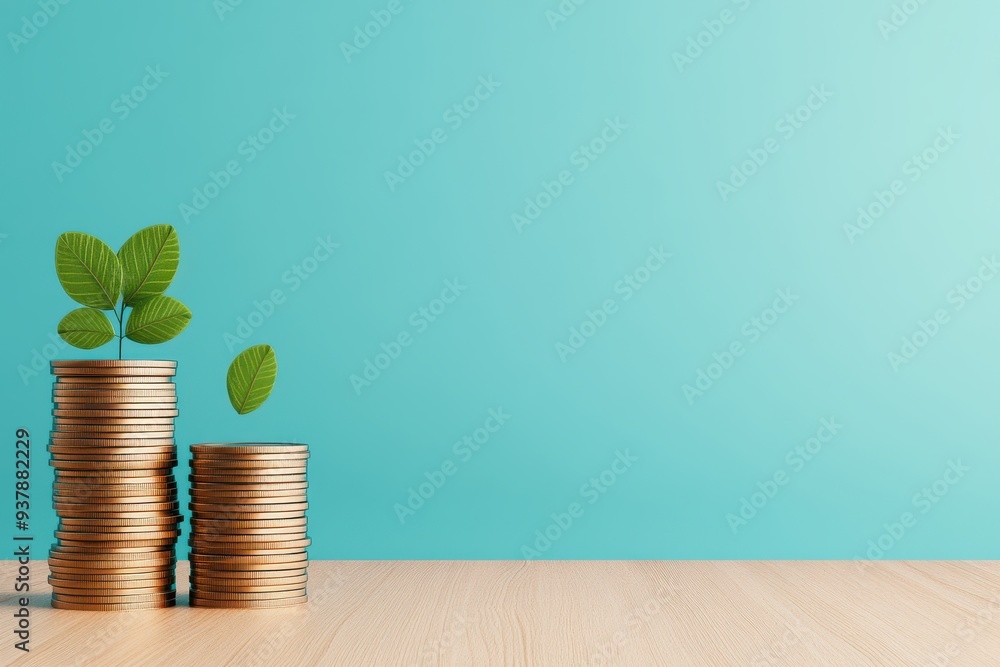 A modern concept of financial growth represented by coins and green leaves symbolizing prosperity and investment. A modern concept of financial growth represented by coins and green leaves symbolizing prosperity and investment.