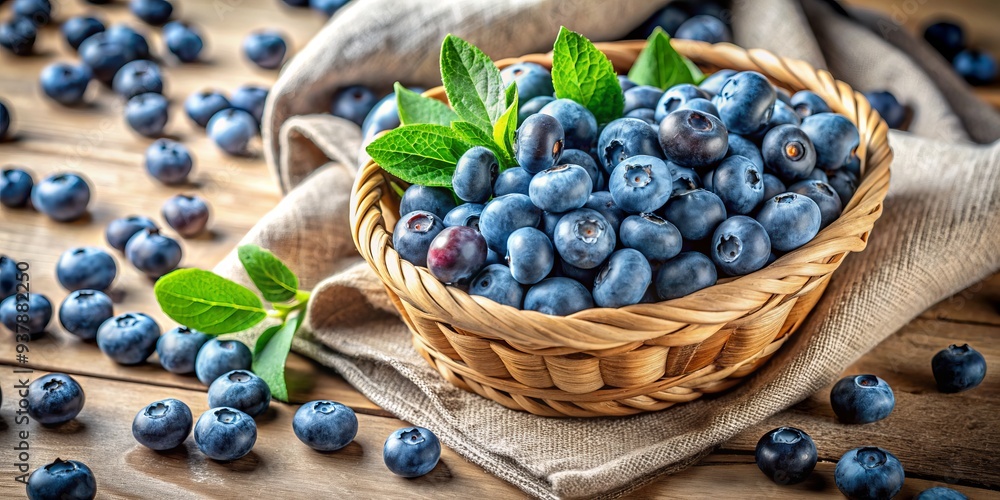 Freshly picked blueberries overflow from a rustic wooden basket, scattered across a soft, white linen fabric, creating a vibrant and appetizing still life composition. Freshly picked blueberries overflow from a rustic wooden basket, scattered across a soft, white linen fabric, creating a vibrant and appetizing still life composition.