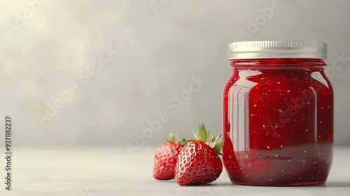 Jar of strawberry jam with fresh bread, country style, 3D illustration photo