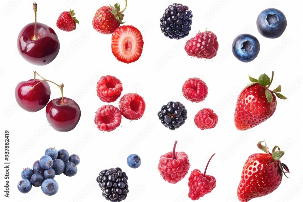 A collection of fresh berries and cherries on a white surface, ideal for use in food photography or as a prop for still life compositions A collection of fresh berries and cherries on a white surface, ideal for use in food photography or as a prop for still life compositions
