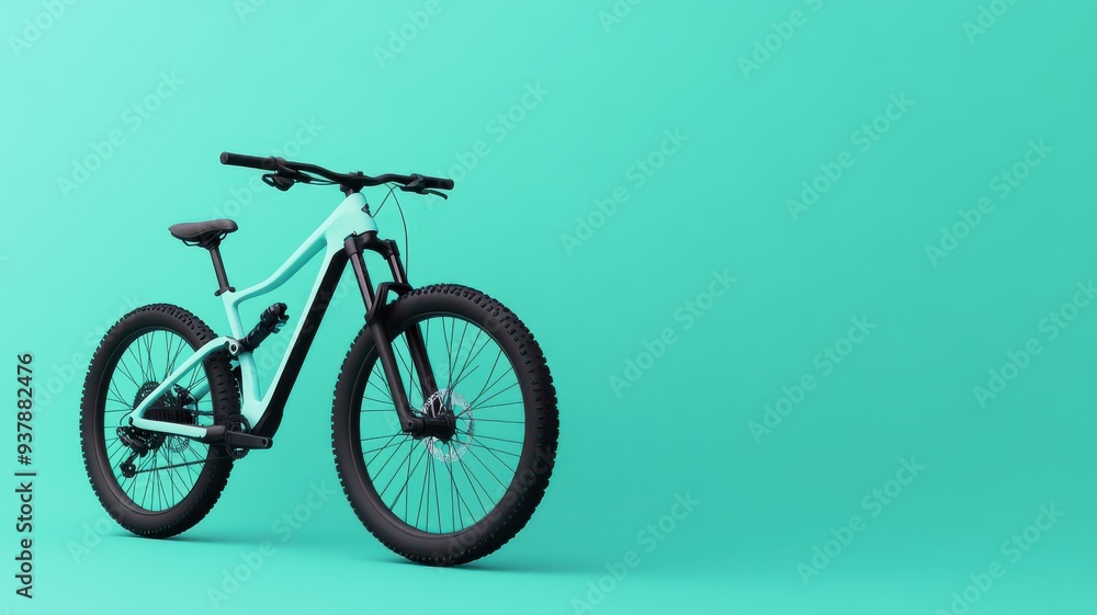 A modern mountain bike showcasing its sleek design and robust tires against a vibrant aqua background, perfect for outdoor adventures. A modern mountain bike showcasing its sleek design and robust tires against a vibrant aqua background, perfect for outdoor adventures.