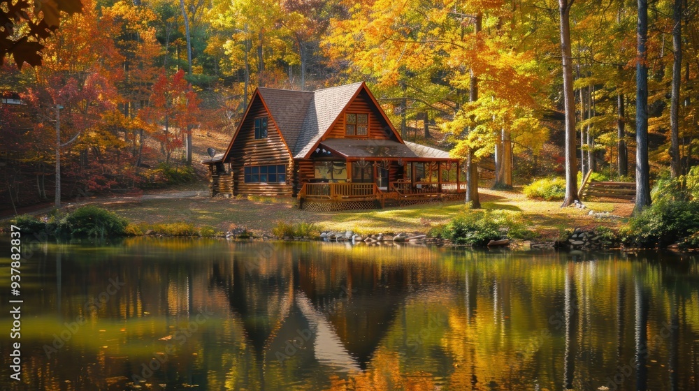 Cozy Log Cabin by the Lake in the Woods with Beautiful Water Reflection Cozy Log Cabin by the Lake in the Woods with Beautiful Water Reflection