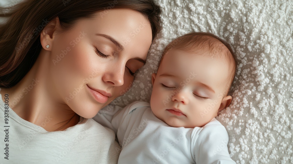 A peaceful moment between a mother and her sleeping baby, capturing love and tenderness in a cozy setting. A peaceful moment between a mother and her sleeping baby, capturing love and tenderness in a cozy setting.