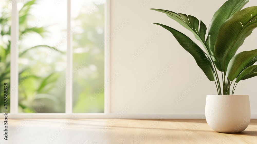A serene indoor space featuring a vibrant green plant in a modern pot, bringing freshness and tranquility to the room. A serene indoor space featuring a vibrant green plant in a modern pot, bringing freshness and tranquility to the room.