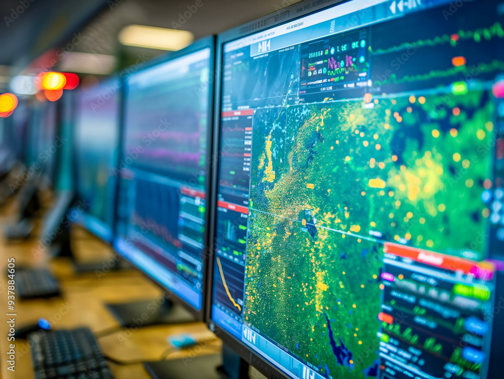 A computer monitor displays a weather map with a storm approaching. The monitors are all turned on and are arranged in rows