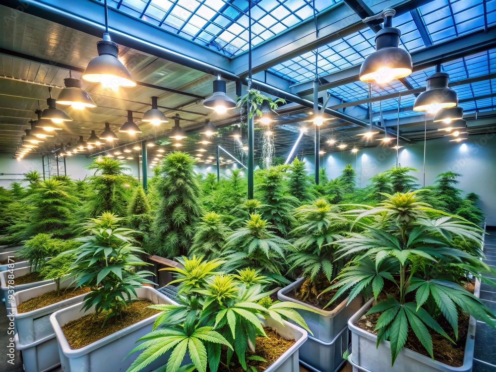 Lush green marijuana plants thrive under grow lights in a sleek modern indoor greenhouse, with water pipes and pruning tools scattered around the flourishing crop. Lush green marijuana plants thrive under grow lights in a sleek modern indoor greenhouse, with water pipes and pruning tools scattered around the flourishing crop.