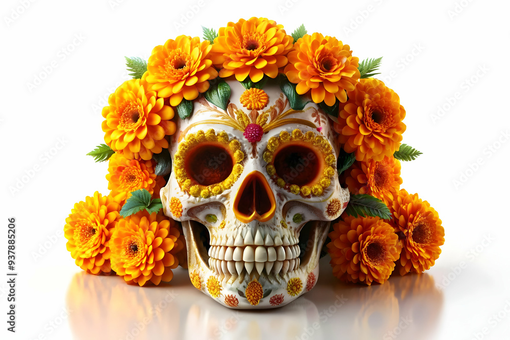 3D Glossy Calavera with Holographic Cempas chil concept as Close up of a glossy calavera surrounded by holographic cempas chil flowers isolated on a white background offering a colorful and modern Dia 3D Glossy Calavera with Holographic Cempas chil concept as Close up of a glossy calavera surrounded by holographic cempas chil flowers isolated on a white background offering a colorful and modern Dia