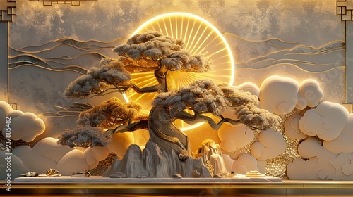 Volumetric stucco molding on a concrete wall with golden elements, Japanese landscape, waterfall, mountains, sakura.