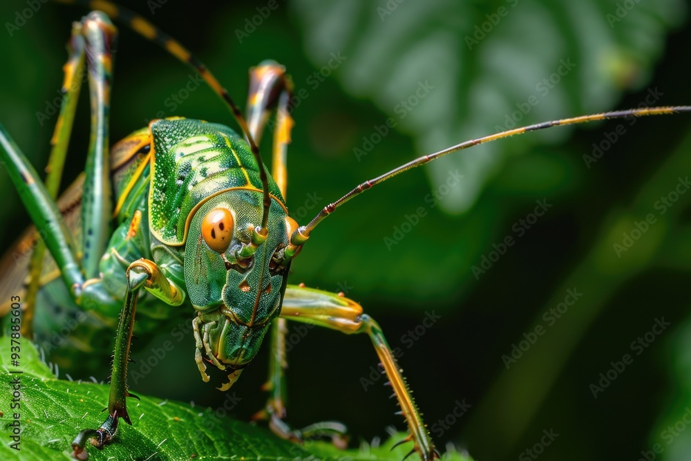 Fototapeta premium A small grasshopper perches on the edge of a leaf, showcasing its tiny details