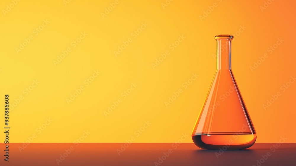 A stylish glass flask filled with orange liquid against a vibrant yellow background, perfect for scientific or artistic themes. A stylish glass flask filled with orange liquid against a vibrant yellow background, perfect for scientific or artistic themes.