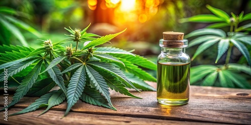 A clear glass bottle of potent cannabidiol extract sits prominently on a rustic wooden surface, encircled by lush, vibrant cannabis plants with emerald green leaves.