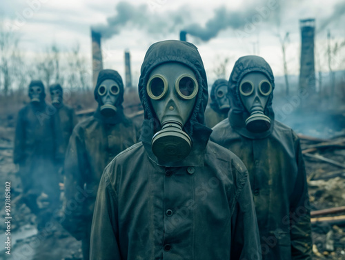 A group of people wearing gas masks are standing in a field. Scene is dark and ominous, as the people are wearing protective gear and appear to be in a dangerous situation