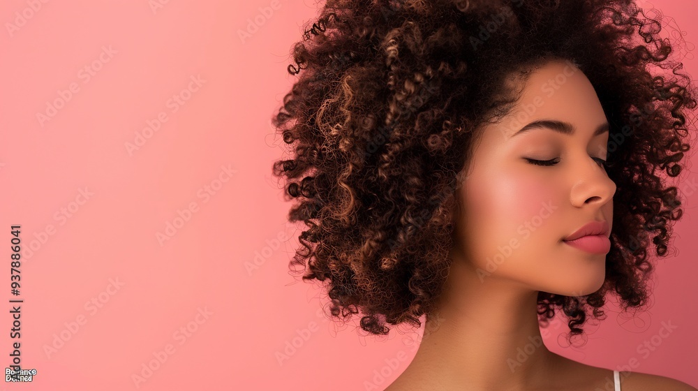 Beautiful woman with reddish brown curly hair on soft pink background Beautiful woman with reddish brown curly hair on soft pink background