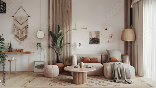 Contemporary empty home interior, Scandi-Boho style, 3d render