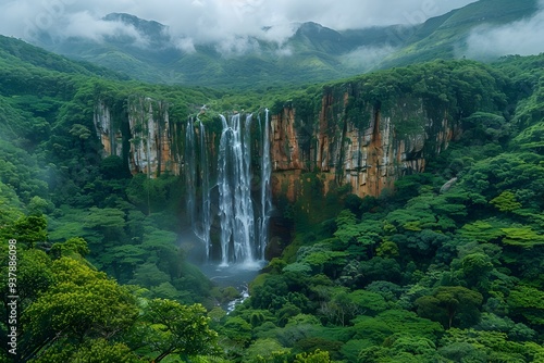Majestic Waterfall Surrounded by Lush Green Jungle Landscape