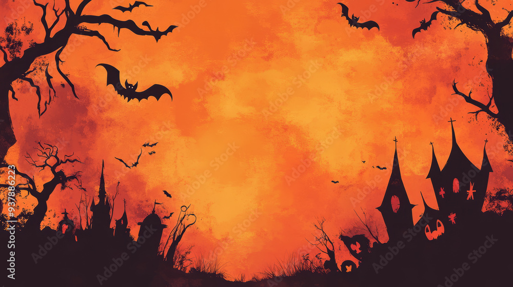 Illustration of Halloween night scene with haunted houses, bats, and spooky trees on an orange background. Halloween celebration and spooky theme. Design for posters, greeting cards, and invitations. Illustration of Halloween night scene with haunted houses, bats, and spooky trees on an orange background. Halloween celebration and spooky theme. Design for posters, greeting cards, and invitations.