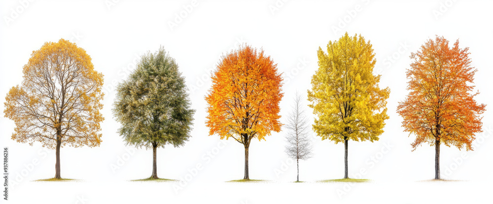 A row of seven trees showcasing the vibrant colors of autumn, from green to orange to bare branches, against a white background.
A row of seven trees showcasing the vibrant colors of autumn, from green to orange to bare branches, against a white background.