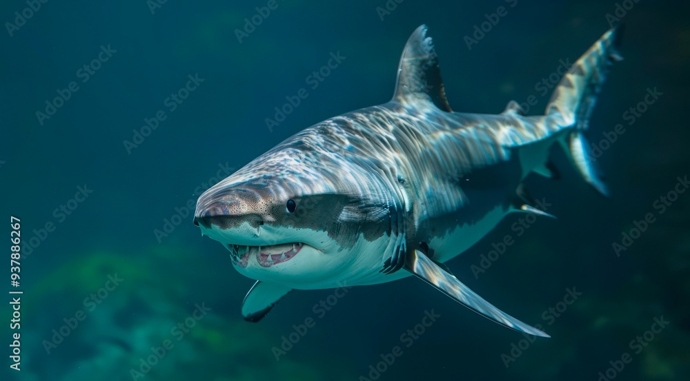 Naklejka premium Great white shark swimming in the water.