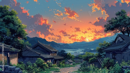 Wallpaper Mural hand drawn illustration style, a rural Chinese morning, summer, 8K  Torontodigital.ca