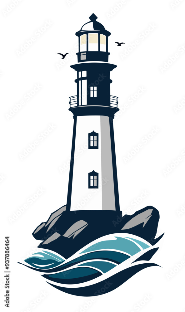 Lighthouse with lit windows, on top of rocks. Birds near the lantern room. Ideal for illustrations or symbols Lighthouse with lit windows, on top of rocks. Birds near the lantern room. Ideal for illustrations or symbols