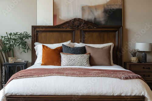 Wallpaper Mural Short King Size Bed with Carved Wood Headboard in Antique Brown Torontodigital.ca