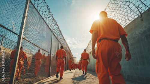 A group of inmates in orange jumpsuits walking in a prison yard, surrounded by barbed wire fences, under the setting sun.

