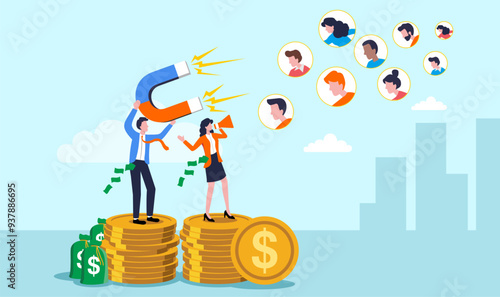 CAC, Customer acquisition cost, advertising cost for lead generation, marketing expense or spending on customer retention, optimize conversion rate concept, businessman or woman with magnet on cost