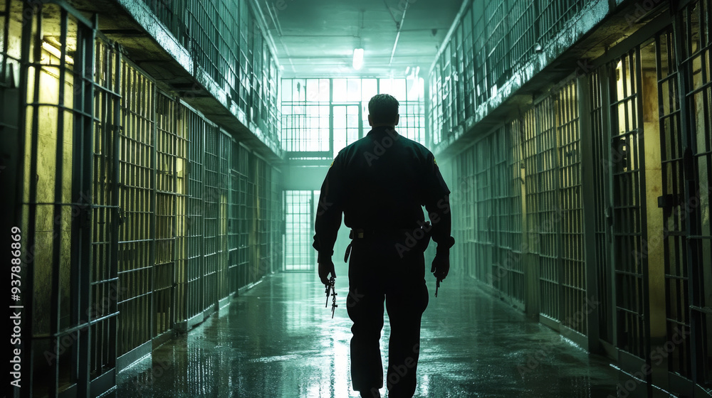 A silhouetted prison guard walking down a dimly lit corridor in a secure prison facility, carrying keys in hand.
A silhouetted prison guard walking down a dimly lit corridor in a secure prison facility, carrying keys in hand.