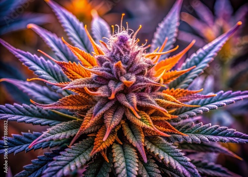 Vibrant purple medical marijuana flower with sparkling trichomes, bright orange pistils, and surrounding leaves in sharp focus, showcasing intricate details of the medicinal herb. photo