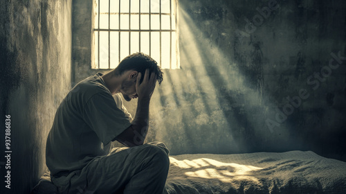 A somber image of a distressed inmate sitting on a bed in a dimly lit prison cell, reflecting on his situation.

