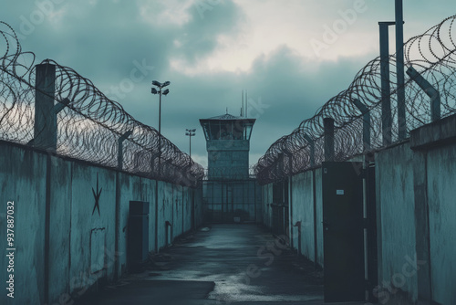 A prison yard surrounded by barbed wire fences and guard towers at sunset, depicting a high-security facility.

