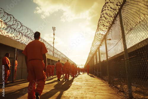 A group of inmates in orange jumpsuits walking in a prison yard, surrounded by barbed wire fences, under the setting sun.

