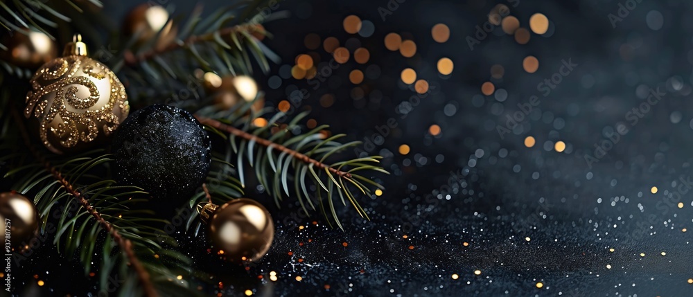 New year and Christmas decorations with golden balls, lights and bokeh background New year and Christmas decorations with golden balls, lights and bokeh background