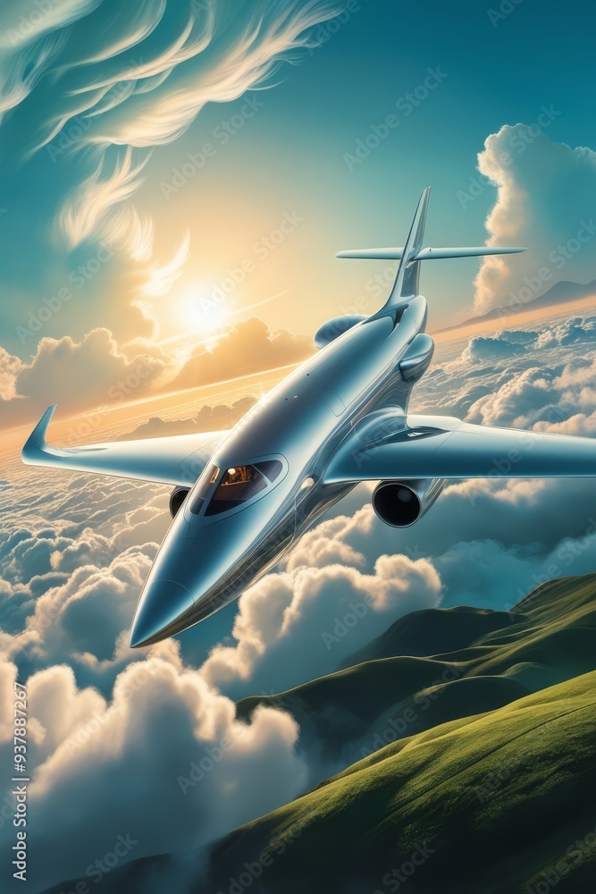 Naklejka premium A sleek, silver, and futuristic airplane soars through a breathtaking, turquoise-blue sky, surrounded by a sea of wispy, cotton-like clouds that are illuminated by the warm 