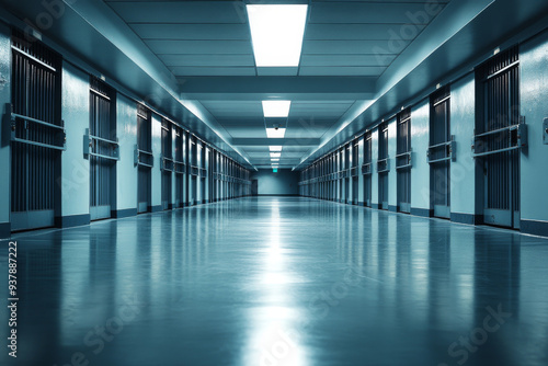 A dimly lit, empty prison corridor with rows of closed cell doors, capturing the stark and confined atmosphere of incarceration.