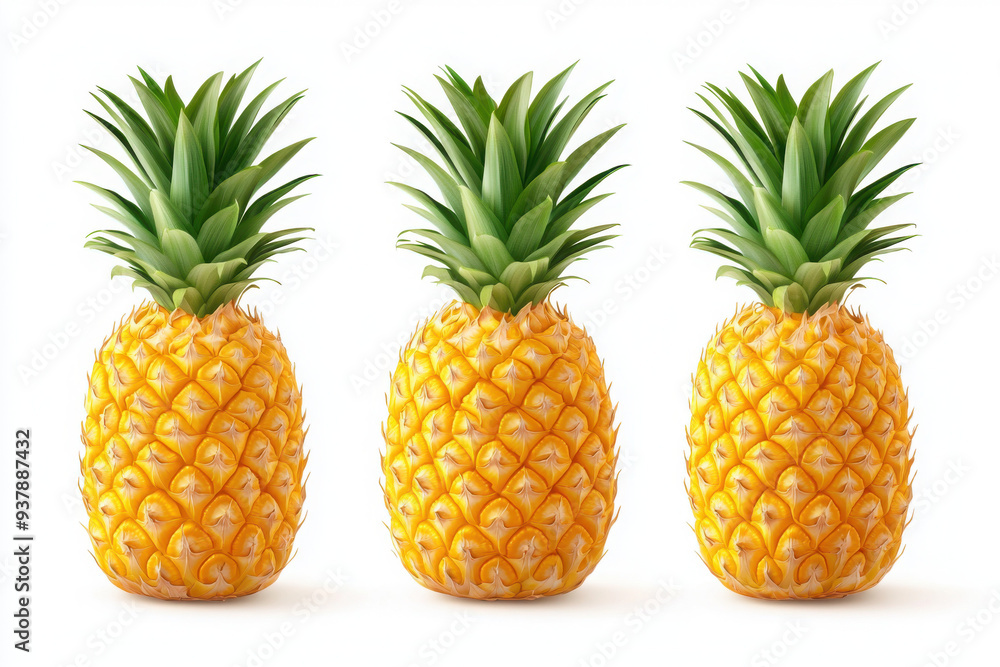 Three vibrant pineapples displayed together, showcasing their unique texture and bright color, perfect for tropical themes. Three vibrant pineapples displayed together, showcasing their unique texture and bright color, perfect for tropical themes.