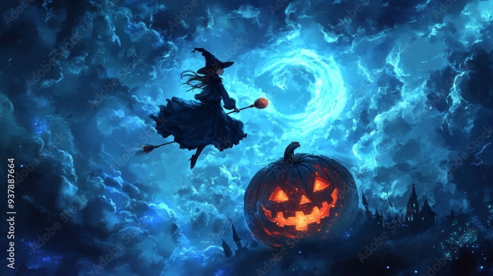 Fototapeta premium Chibi-style witch riding a broomstick over a large pumpkin, with swirling clouds and eerie moonlight creating a magical atmosphere