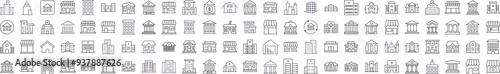 Bundle of Various Houses and Constructions Related Line Icons. Editable Stroke for Design, Web Sites, Apps, Cards. Contains Linear Images of Apartment Buildings, Banks, Stores, Hospitals