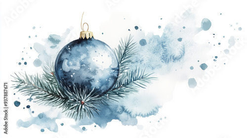 Blue Christmas ornament on pine branch with watercolor splashes. Festive winter illustration isolated on white background. Christmas decoration design for greeting card and poster.