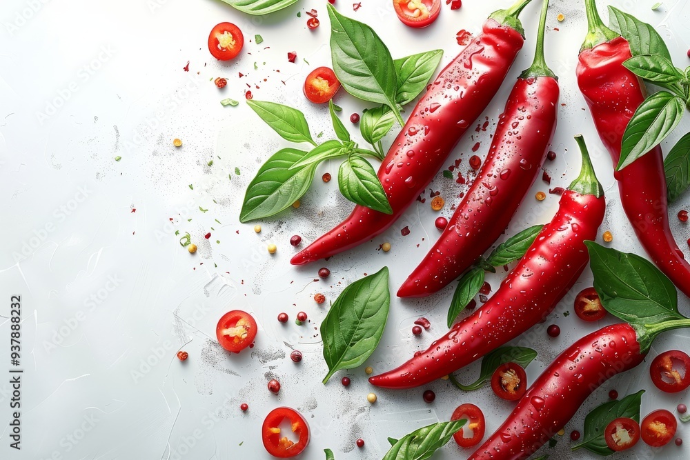 Chili pepper and half slices suspended in the air with green leaves. Generative AI Chili pepper and half slices suspended in the air with green leaves. Generative AI
