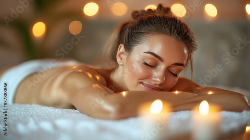 Young woman relaxing with candles enjoying spa treatment in cosy ambiance