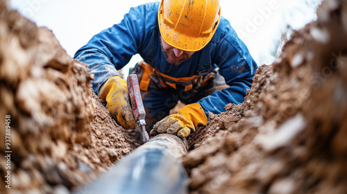 Construction worker repairing broken pvc water pipe in trench