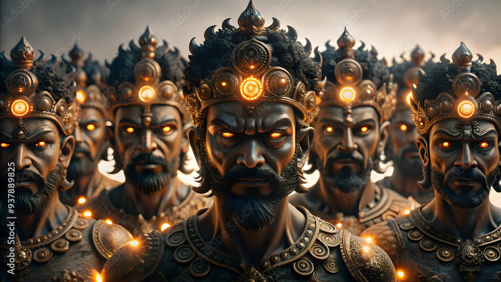3D Glowing Abstract Ravana Heads concept as A striking glowing abstract digital art showcasing the ten heads of Ravana each emitting a unique glow. Ideal for Dussehra themed banners and advertisements 3D Glowing Abstract Ravana Heads concept as A striking glowing abstract digital art showcasing the ten heads of Ravana each emitting a unique glow. Ideal for Dussehra themed banners and advertisements