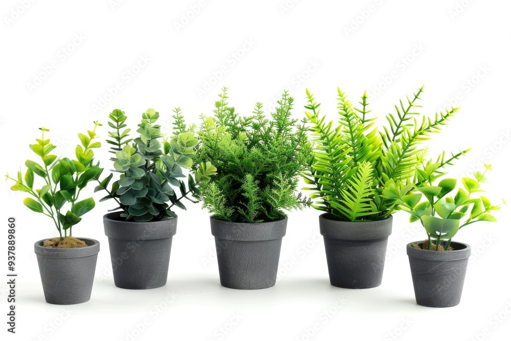 A group of four potted plants sitting together, suitable for interior design or lifestyle photography A group of four potted plants sitting together, suitable for interior design or lifestyle photography