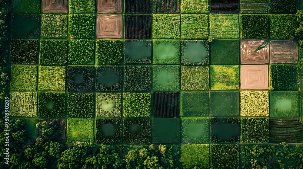 Aerial view of vibrant agricultural fields showcasing diverse crops and textures in a patchwork pattern against lush greenery. Aerial view of vibrant agricultural fields showcasing diverse crops and textures in a patchwork pattern against lush greenery.