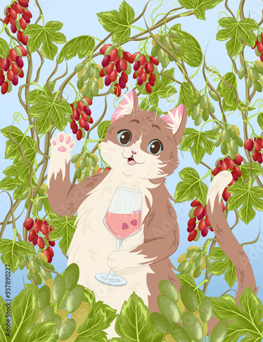 Cat, champagne, grapes, leaves greeting card. Vector postcard with cute cartoon cat drinking sparkling wine. Green background. Print design. Uncut elements. Clipping mask.