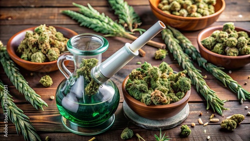 A glazed ceramic bong overflows with fragrant green buds, surrounded by crisp rolling papers and enticing accessories, exuding a relaxed, smoke-filled ambiance. photo