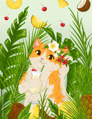 Cat, tropical leaves, pineapple, coconut, cocktail greeting card. Vector summer postcard with cute cartoon cat drinking mocktail. Leafy background. Pina colada cocktail. Falling fruits. Clipping mask.