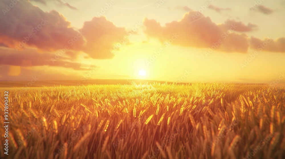 Sunset over wheat field. Nature composition. 3D render, sunset over the field, AI Generated Sunset over wheat field. Nature composition. 3D render, sunset over the field, AI Generated