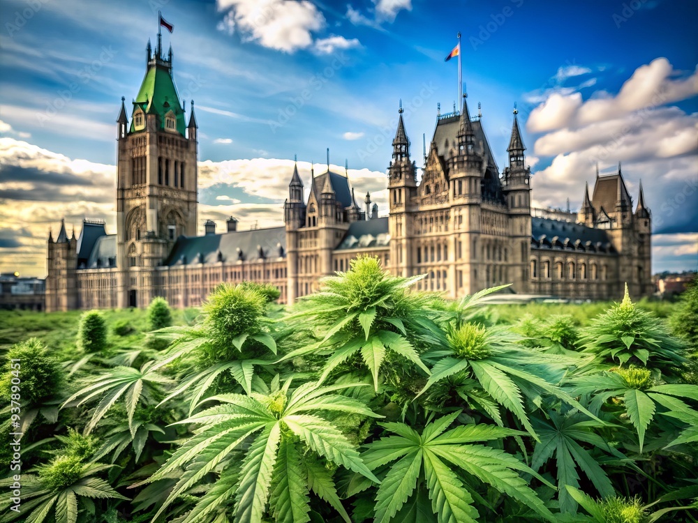 Naklejka premium Massive thriving cannabis plants stand tall and proud in front of the historic parliament building, symbolizing governmental support for marijuana legalization and reform.